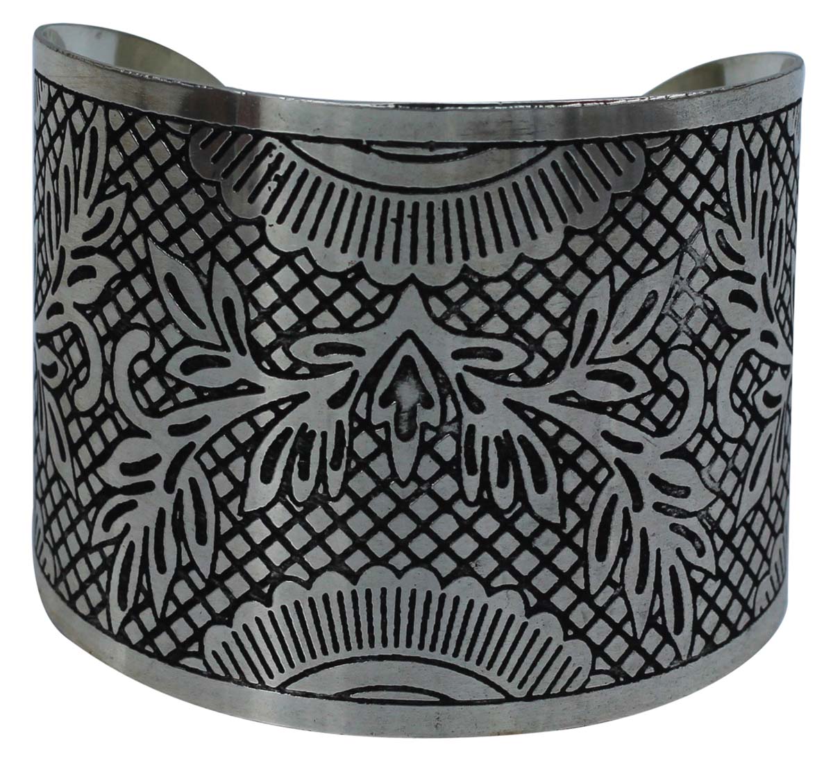 Wholesale Bracelets from India – Antique-Look Cuff Bracelet – Cast in Brass – Nickel Plated & Black Shading – Leafy Motifs – Bracelets in Bulk